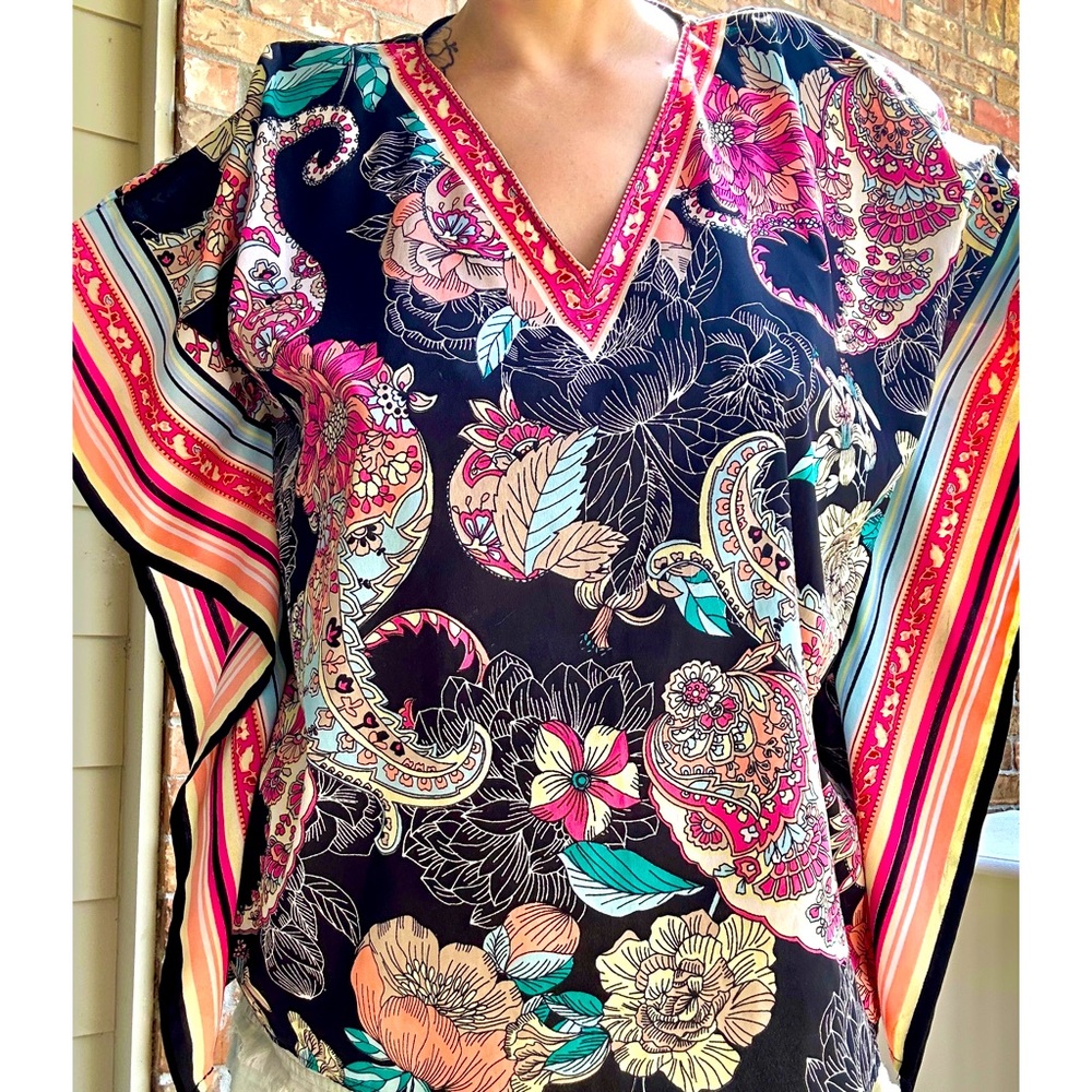 Spense designer beach cover up silky floral black pink blue paisley small m